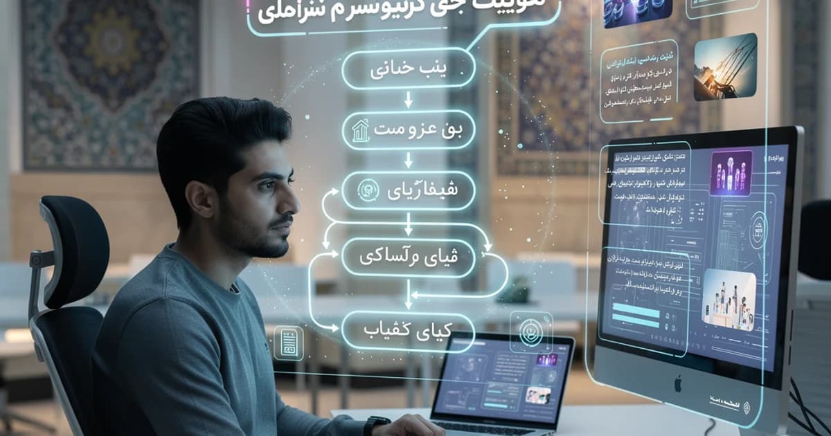 تصویری فوتورئالیستی از یک خالق ایرانی که در حال کار با رابط کاربری هولوگرافیک Axeto با متن فارسی و تصاویر تولید شده با هوش مصنوعی است.