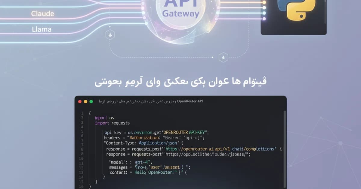 تصویر کاور با نمای انتزاعی از یک دروازه API درخشان که جریانهای دیجیتال از مدلهای هوش مصنوعی مختلف را به یک رابط واحد هدایت میکند، با پسزمینه گرادیانت آبی و بنفش و نمادهایی از کد و فناوری.