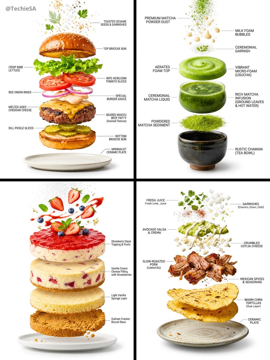 Create a hyper-realistic exploded vertical infographic composition of [FOOD].
At the top, characteristic particles, drop