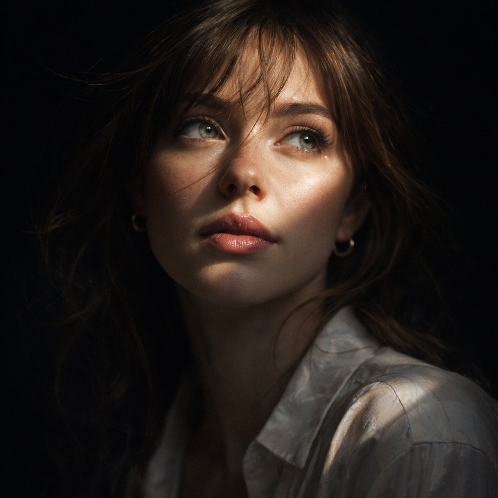 Hyper-realistic cinematic Create an 8k close-up portrait of a beautiful woman with medium, brown, slightly wind-swept ha