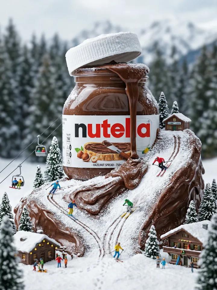 {
  "cinematic miniature winter world built around a giant Nutella jar, thick chocolate hazelnut spread flowing out form