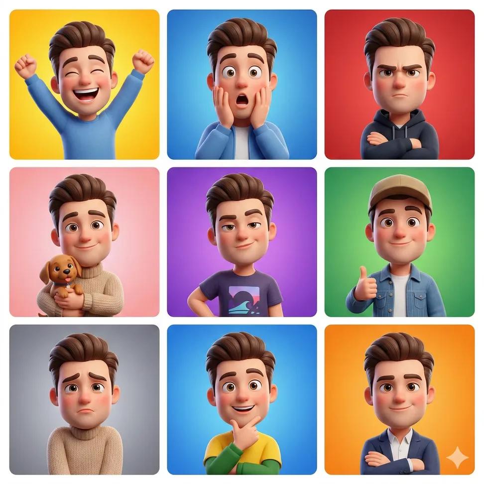 3D cartoon avatar character showing different emotions arranged in a 3x3 grid, same male character with brown hair, Pixa