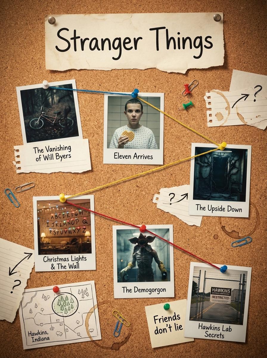 Generates a clean, cinematic 1080×1080 corkboard layout that visually summarizes the story of movie using Polaroid snaps
