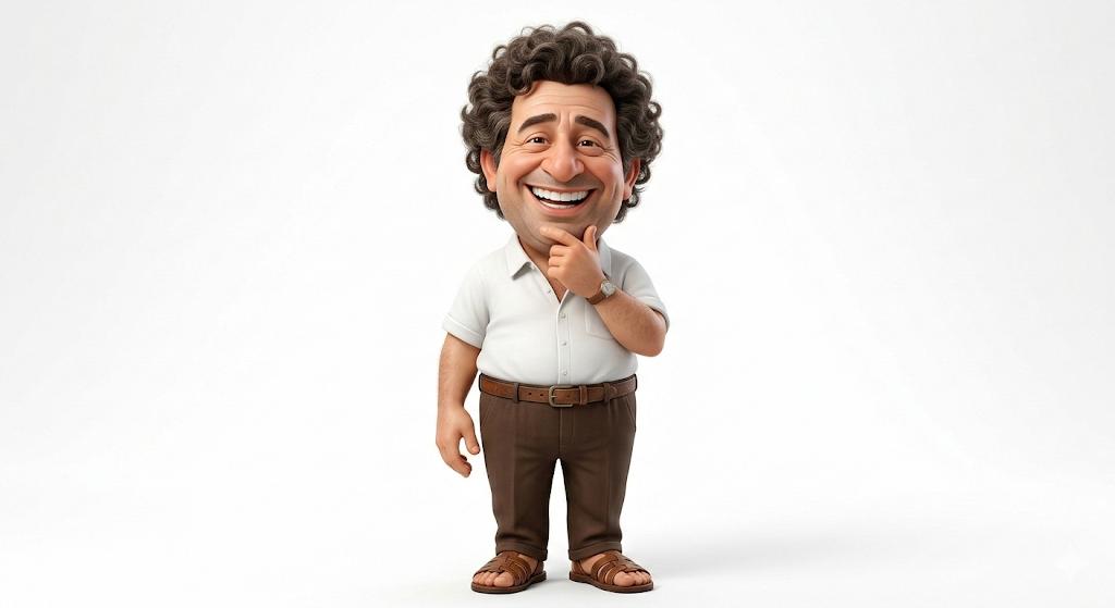 A highly detailed 3D caricature of a cheerful man with an oversized head, a big smile showcasing large teeth, and curly 