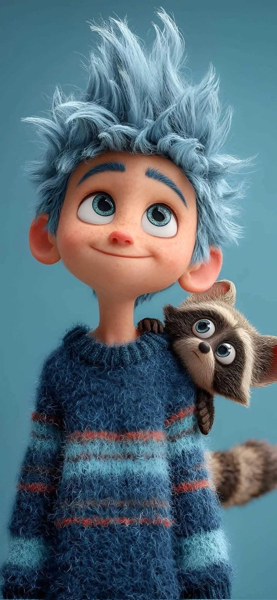 Cute stylized 3D animated boy with messy fluffy blue hair and big expressive eyes, soft freckles on face, wearing a fuzz