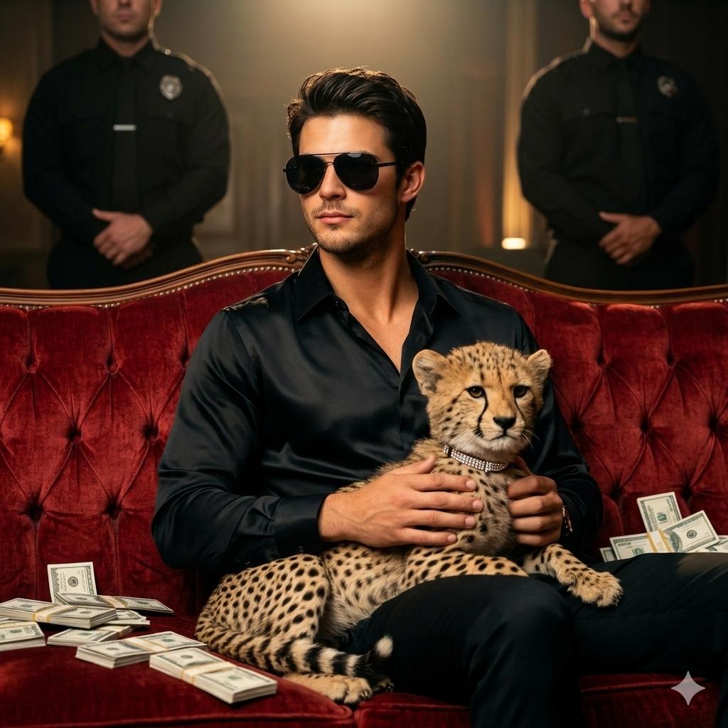 Using the reference picture, create A stylish man sitting on a luxurious vintage red velvet sofa, wearing black silk shi