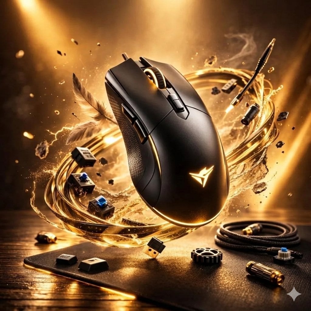 Ultra-realistic gaming mouse floating above a desk, surrounded by glowing golden energy rings and flying electronic comp