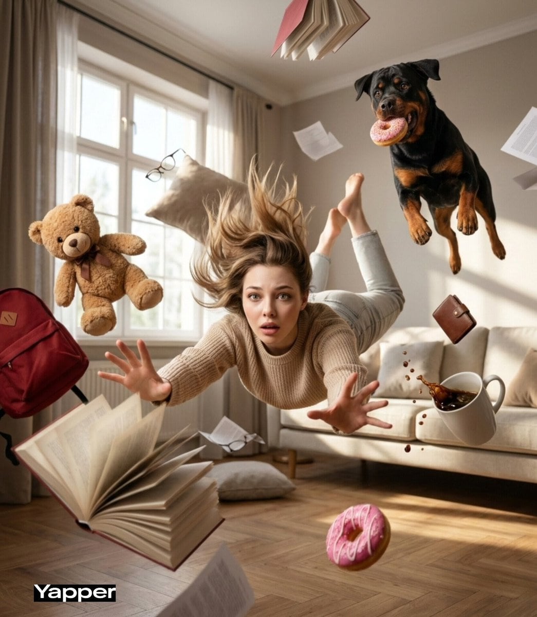 Cinematic surreal scene of a young woman falling forward through a swirling vortex of everyday objects inside a cozy roo