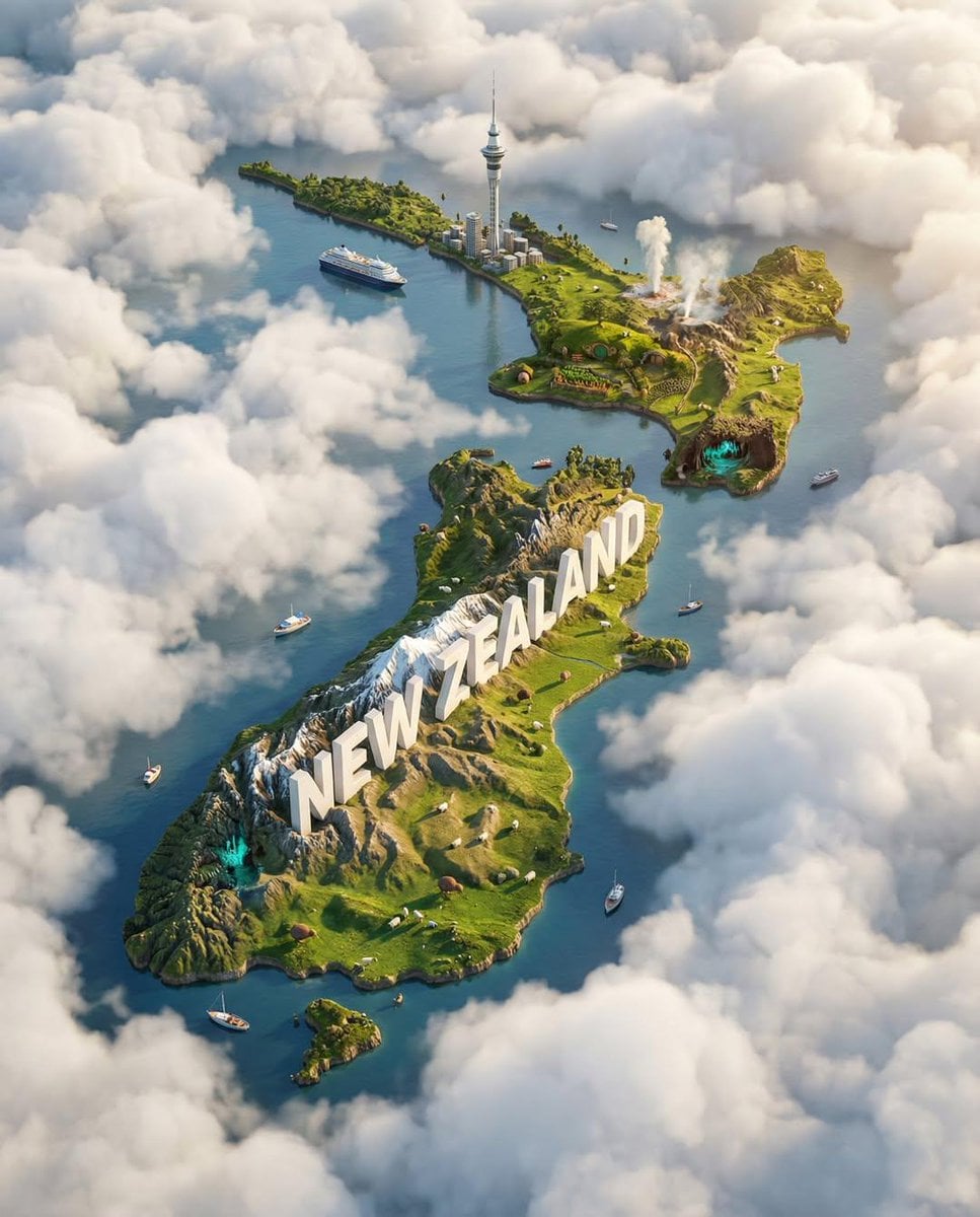 Create an ultra-HD, hyper-realistic digital poster of a floating miniature island shaped like [Country] on white clouds.