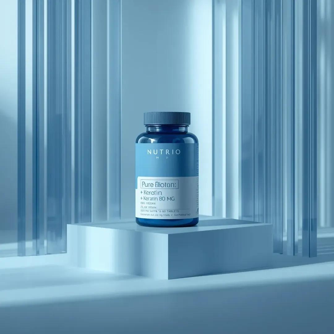 Ultra-realistic minimalist product photography featuring a cylindrical supplement container labeled “[Hero Subject: NUTR