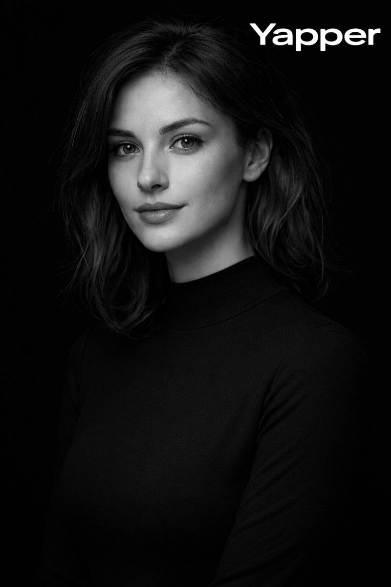 {
  "prompt": "High-contrast monochromatic studio portrait of a European woman around 25 years old. She has natural faci