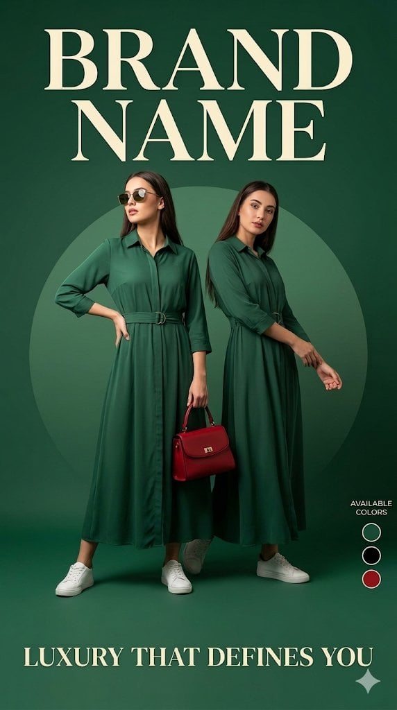 Luxury fashion advertisement poster, deep green background with a soft circular gradient behind the model, two stylish f