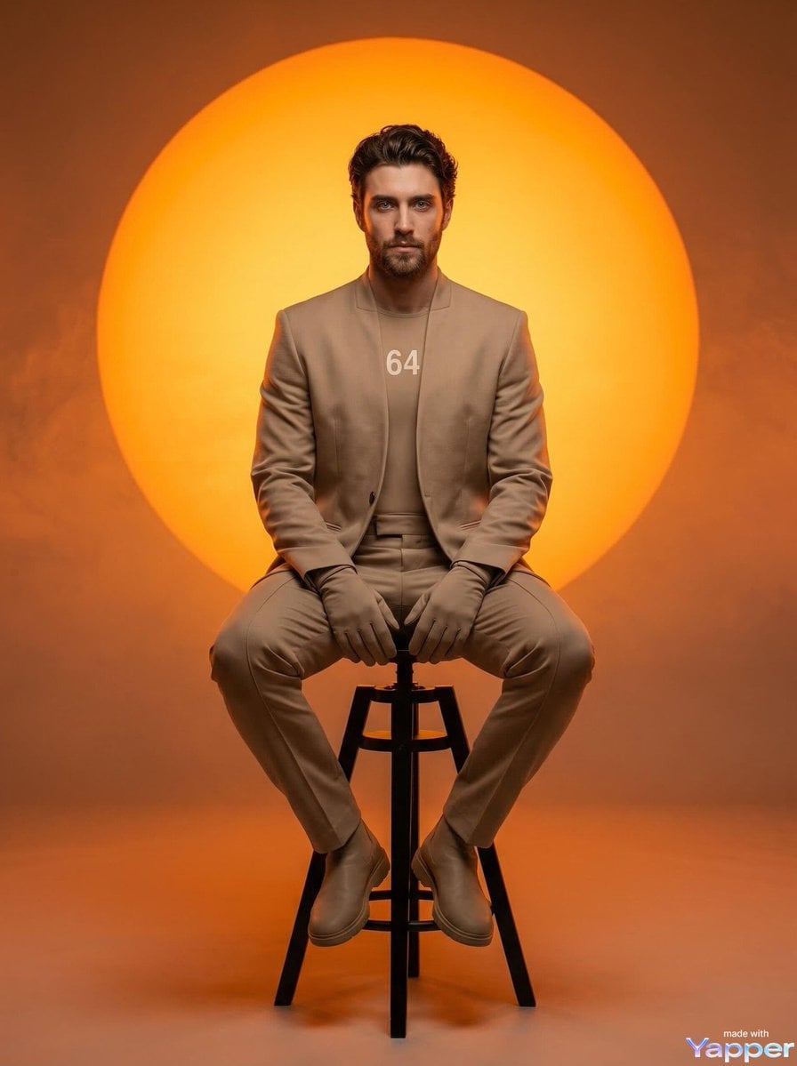 A man with short curly hair and light facial hair sitting on a tall black stool, centered composition, wearing a monochr
