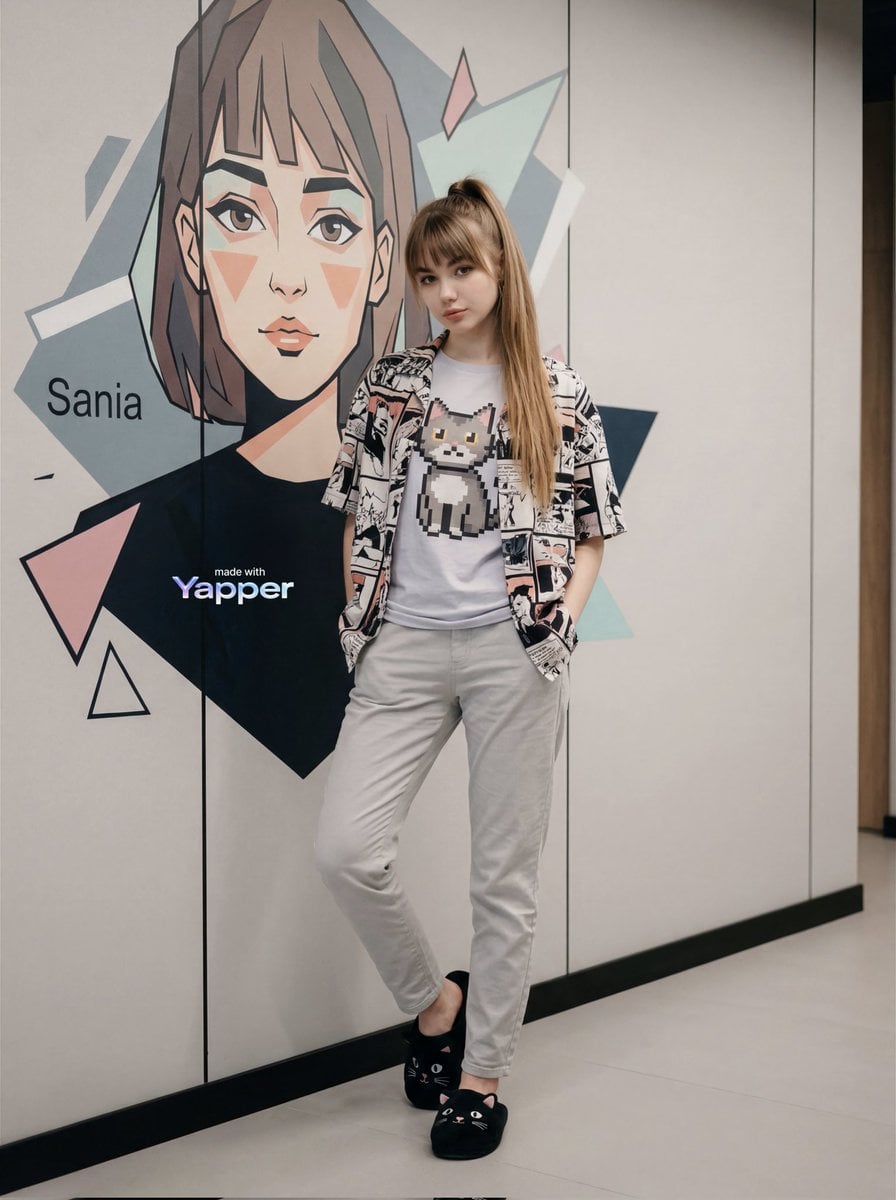 {
  "image_generation": {
    "subject": {
      "description": "stylish young woman standing casually beside a modern i
