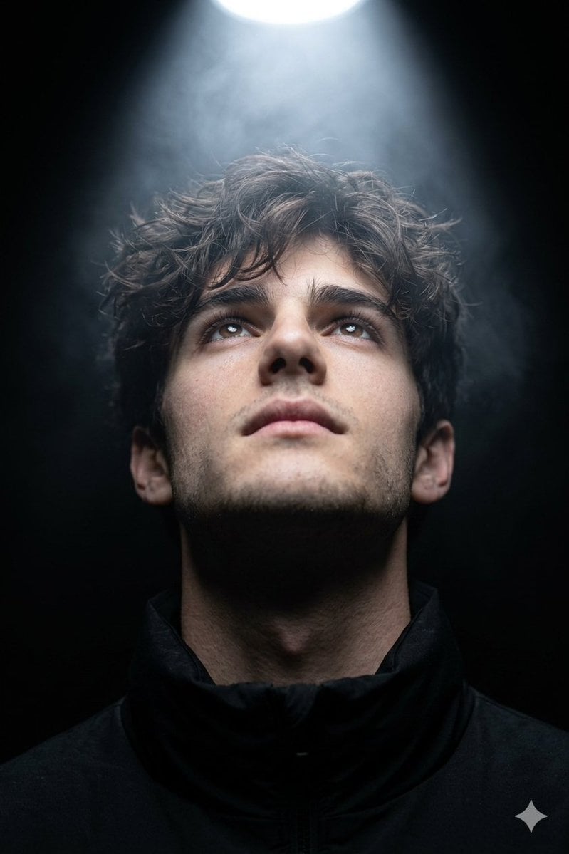 A hyper-realistic cinematic close-up portrait (use uploaded face as reference).
The subject looks upward with chin sligh