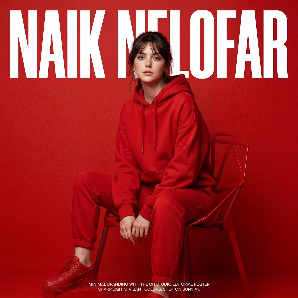 Studio fashion editorial poster of a young woman (use photo uploaded as a reference for the face) sitting confidently on