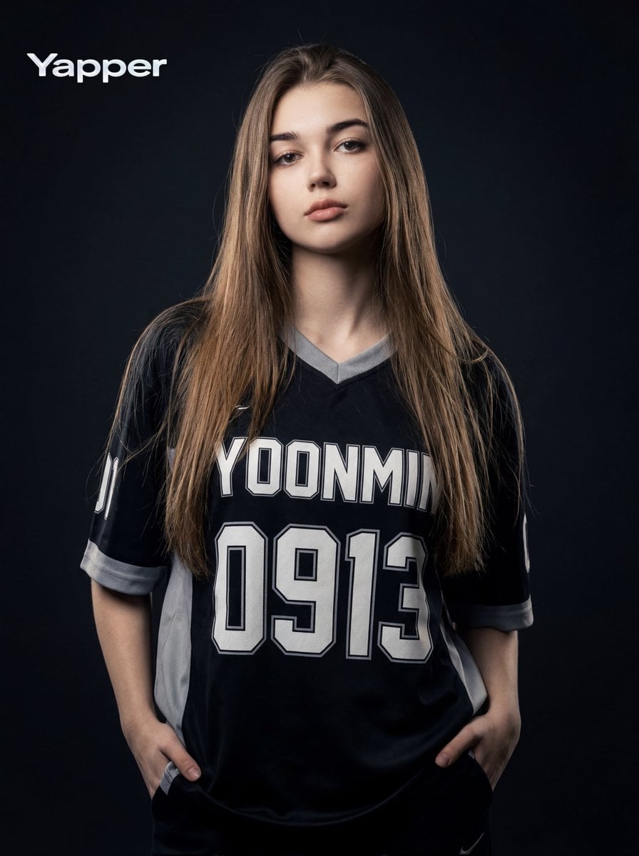 {
  "image_generation": {
    "subject": {
      "description": "stylish young woman in a dark sports jersey standing in