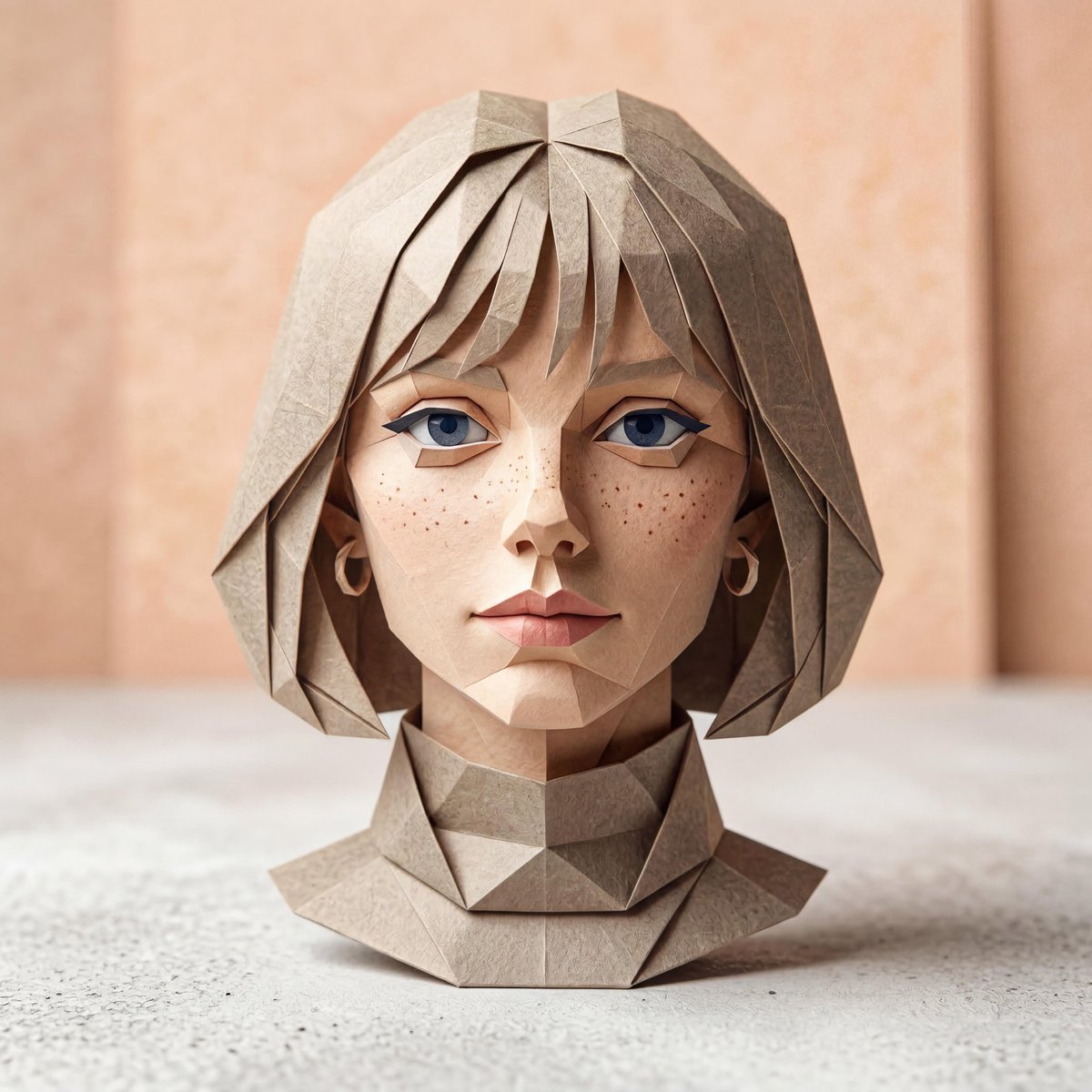 A hyper-detailed origami-style version of a person, folded from high-quality paper with crisp, clean edges and realistic