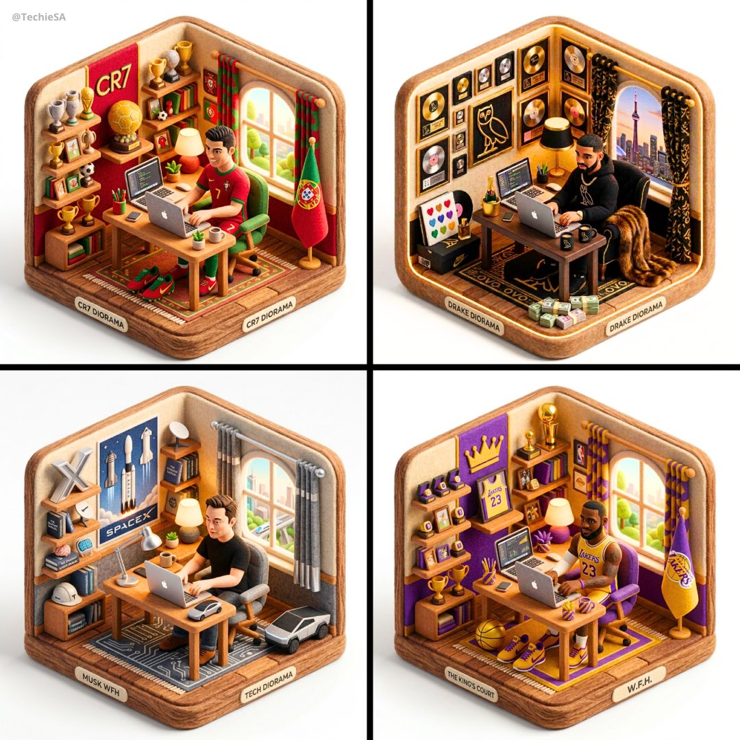 Generate a 3D isometric diorama illustration of [CHARACTER] working from home at a desk with a laptop and a window. Hand