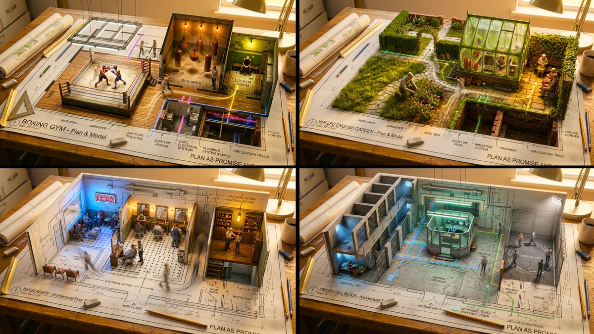 An architectural floor plan of a [LOCATION] spread across a drafting table, with the spaces rising into inhabitable mini