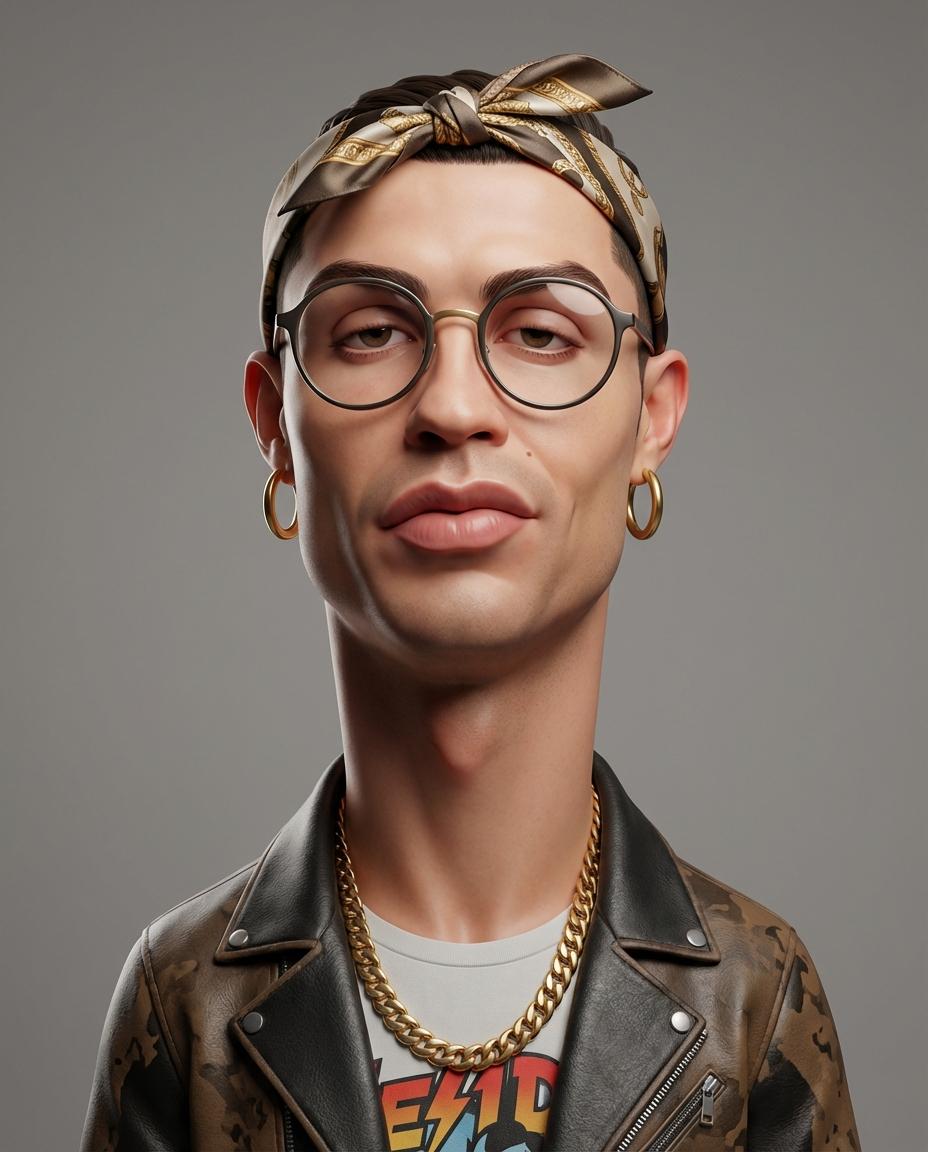 Create an exaggerated stylized 3D caricature character portrait with strong intentional deformation and a clean, control