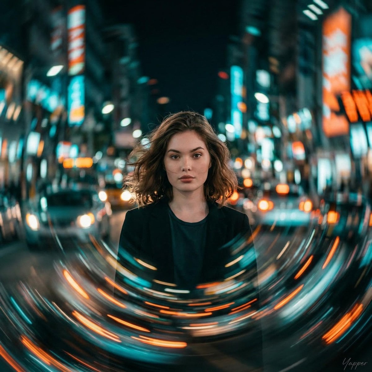 cinematic portrait of a young woman standing perfectly still as the city around her spirals in circular motion blur, str