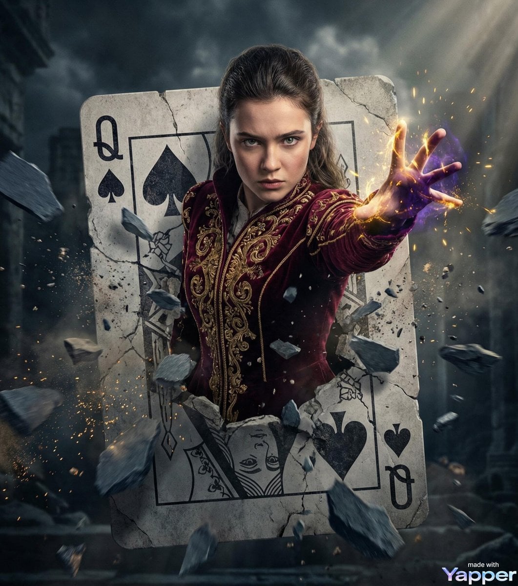 Make a hyper-realistic cinematic movie poster of a powerful young female sorcerer bursting through a cracked Queen of Sp
