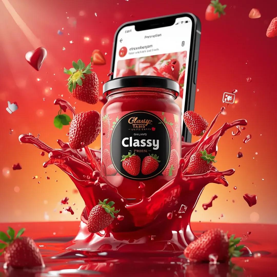 Ultra-realistic commercial food product advertising scene featuring a glass jar labeled [Brand Name: Classy Strawberry J