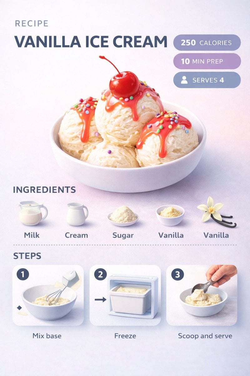 Ultra-clean modern recipe infographic. [Hero Subject: Showcase Vanilla Ice Cream Scoops] with syrup and toppings in angl