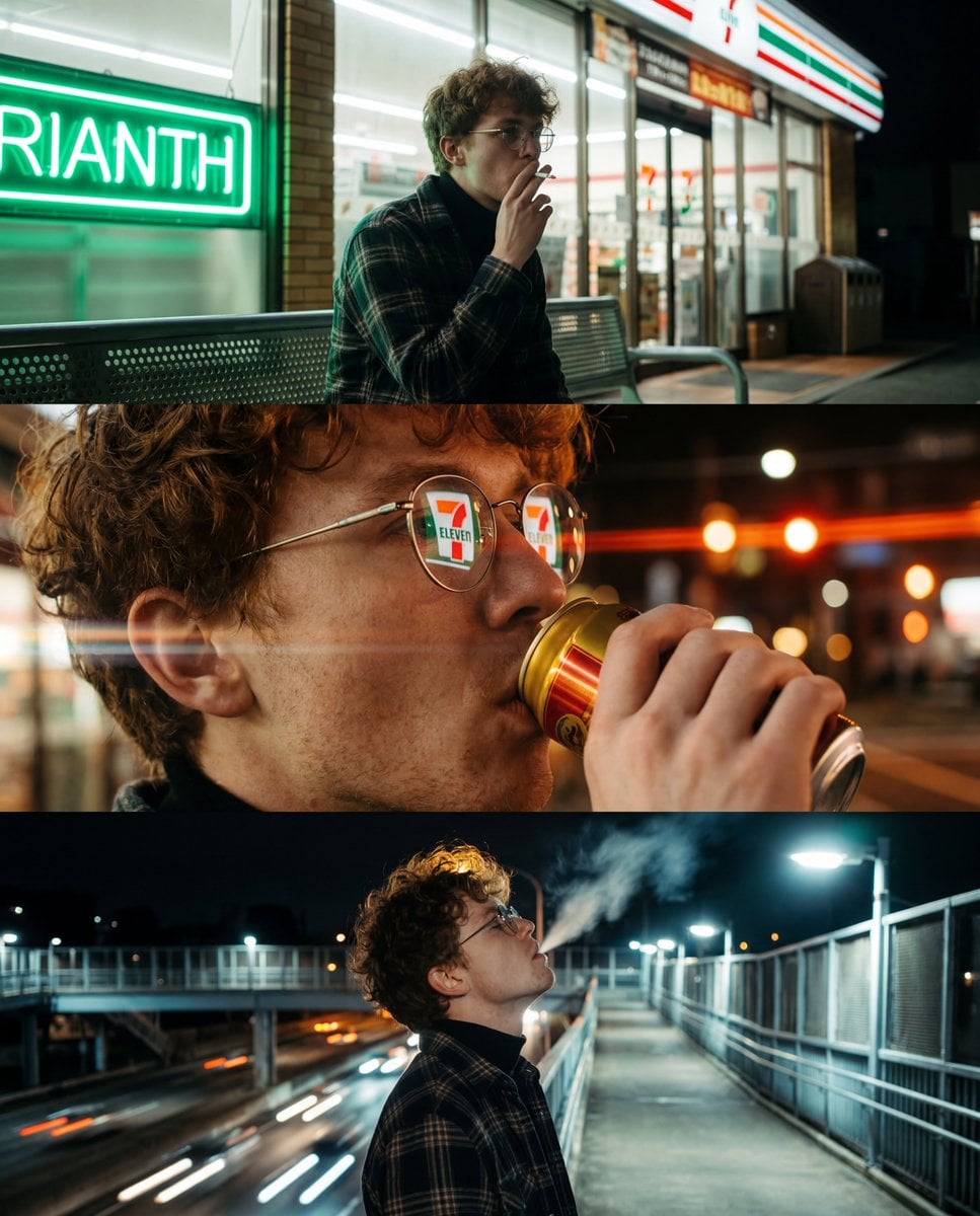 A vertical triptych of three cinematic, night-time urban photographs featuring a young man with messy, curly reddish-bro
