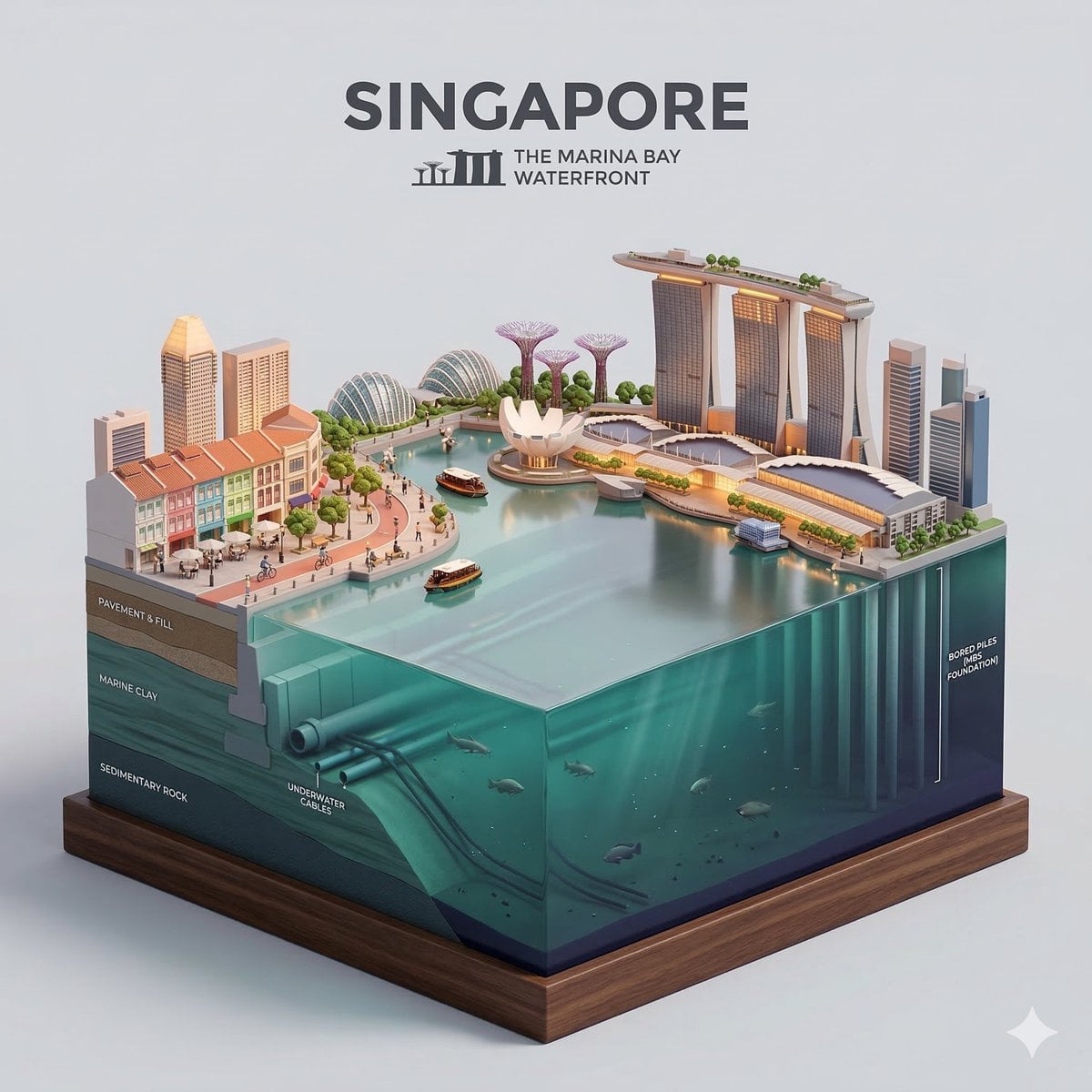 Present a clear, side-facing isometric miniature 3D cartoon diorama of [CITY] along the [WATERFRONT]. The scene is a cle