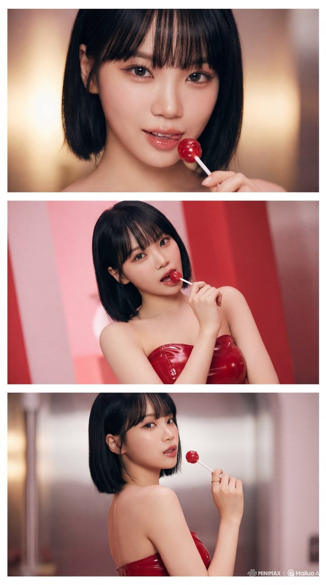 Create a 3-image vertical collage (aspect ratio 9:16) featuring [Hero Subject: Le Sserafim's Kim Chaewon], showcasing he