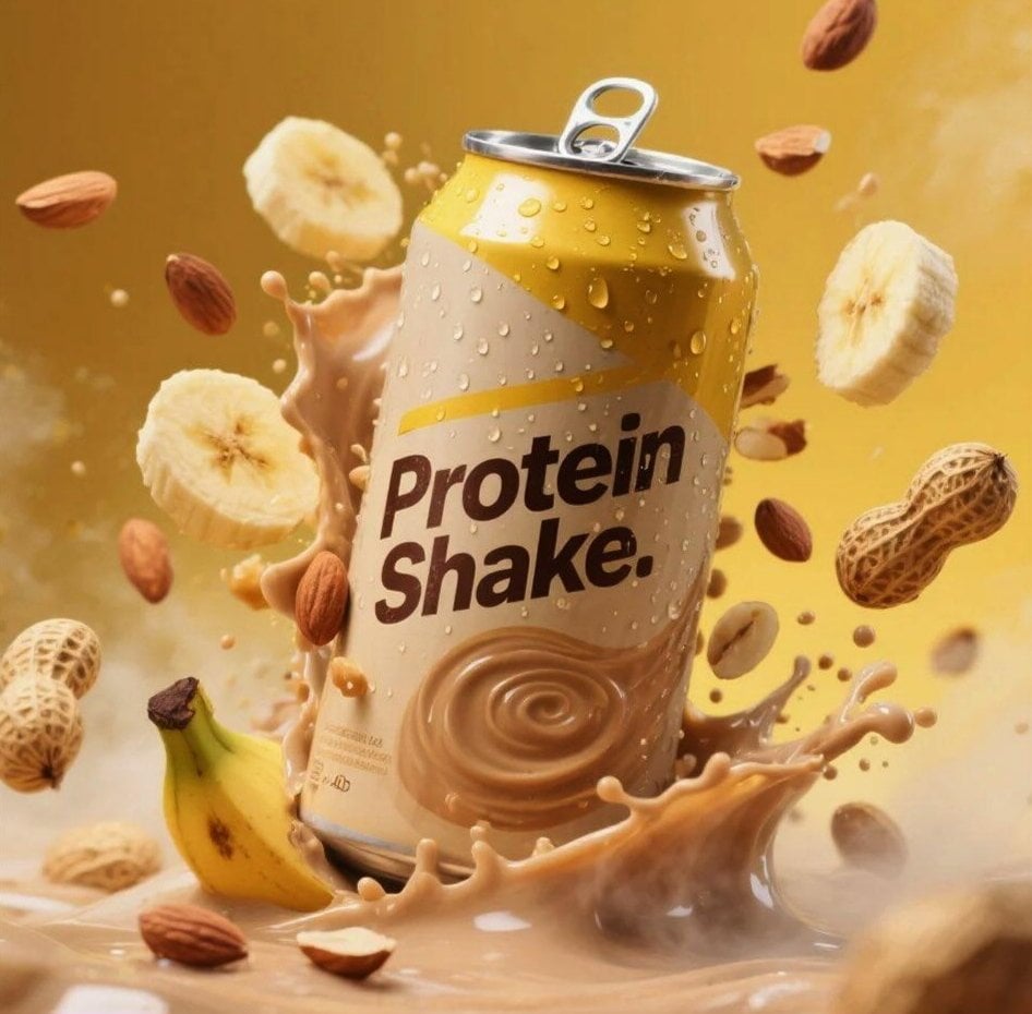 Hyper-realistic product advertisement of a protein shake can with yellow and cream design, surrounded by floating banana