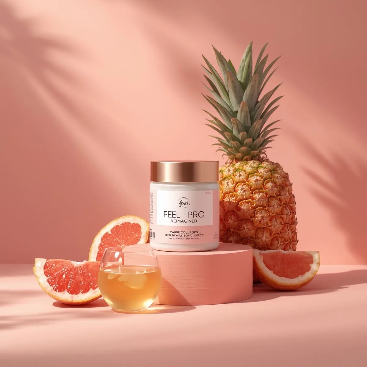 Minimalist luxury product photography of a collagen supplement jar placed on a soft pastel peach background, cylindrical