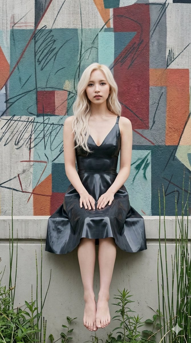 {
  "subject_and_pose": "Mina from TWICE, a beautiful Japanese woman with a refined, 'Black Swan' elegance, a small beau