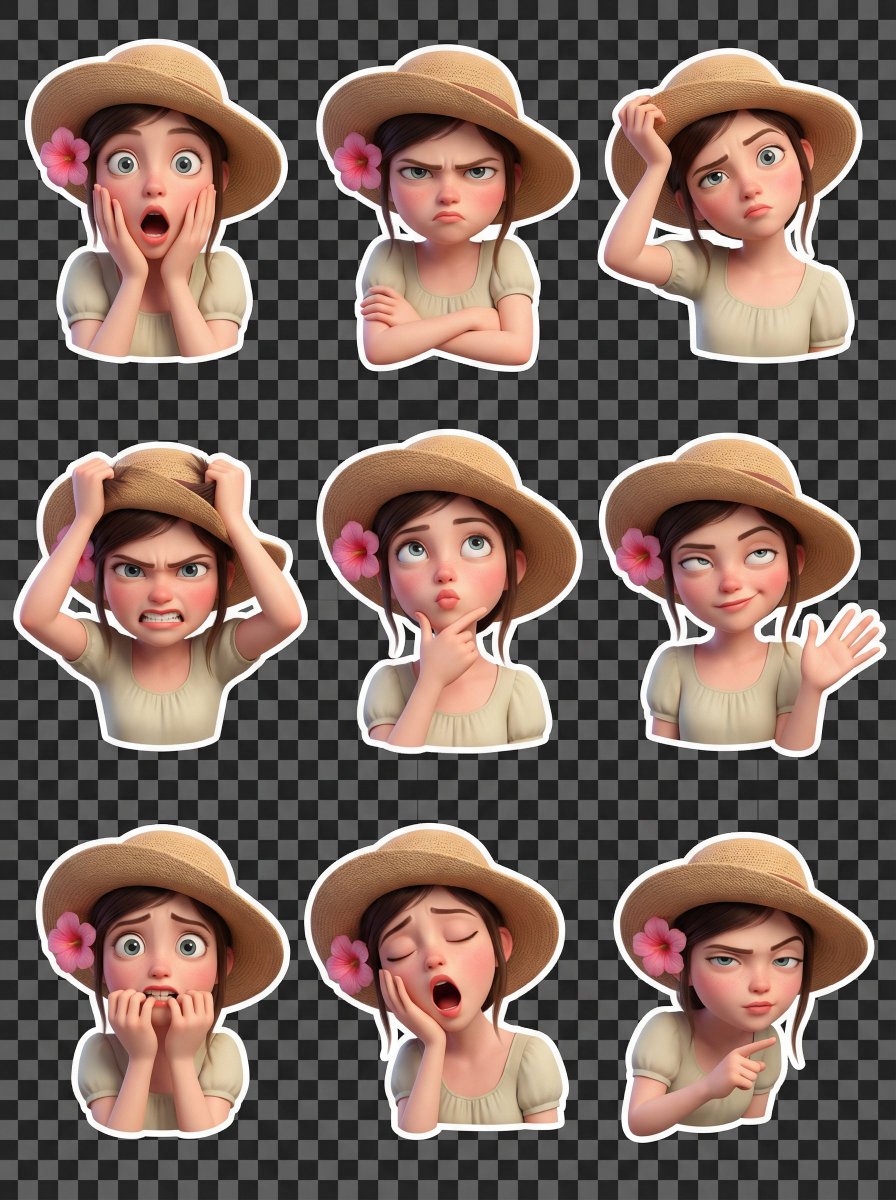 Using the uploaded selfie as the ONLY and exclusive face reference, generate a Pixar-style 3D character sticker set. The