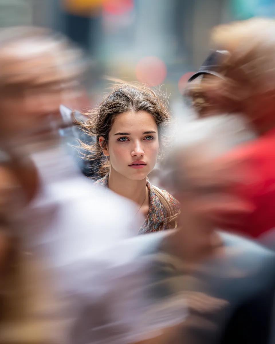 Model looking at camera, close up of face, busy [Hero Subject: New York] street, motion blurred people crossing frame, 2