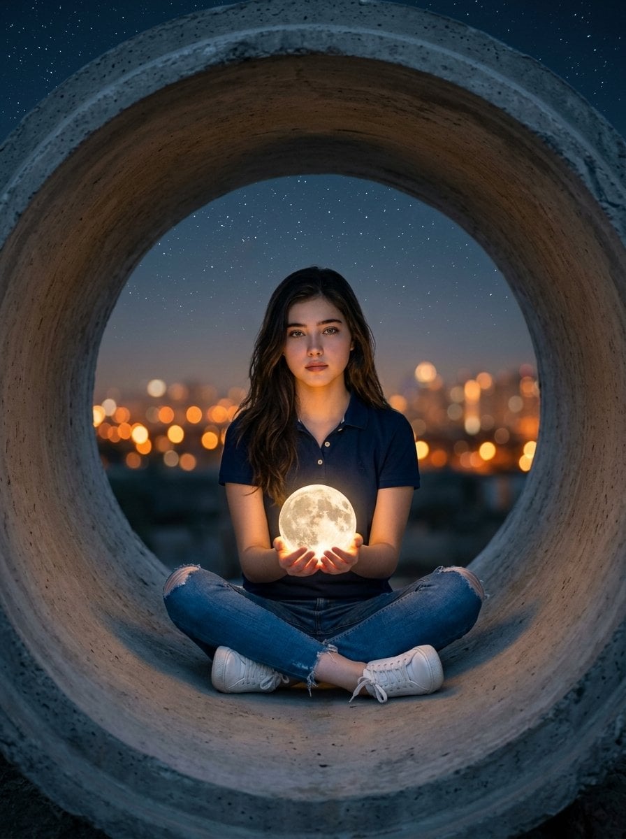 Hyper-realistic surreal photography of a woman sitting inside a massive, rough concrete pipe, featuring the uploaded fac