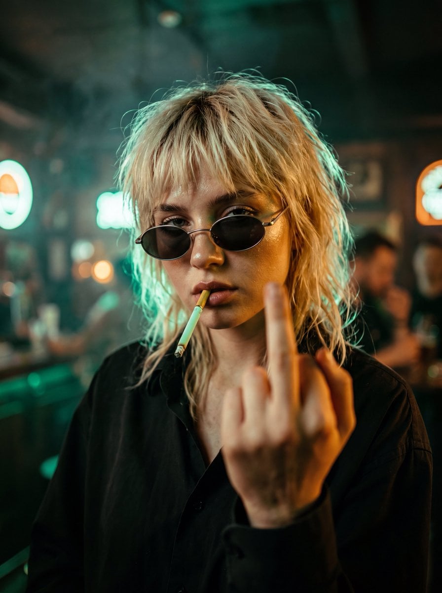 A high-intensity, cinematic close-up portrait of a defiant young woman with messy, bleach-blonde hair and a gritty, rock