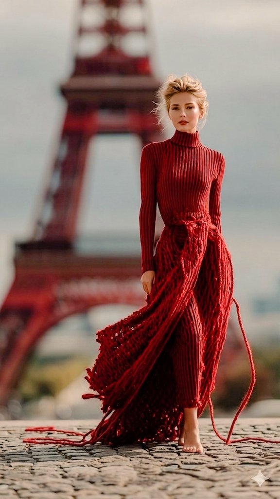 [Hero Subject: The Eiffel Tower] is wrapped in an unreal, surreal layer of vibrant red yarn, as if Paris has been softly