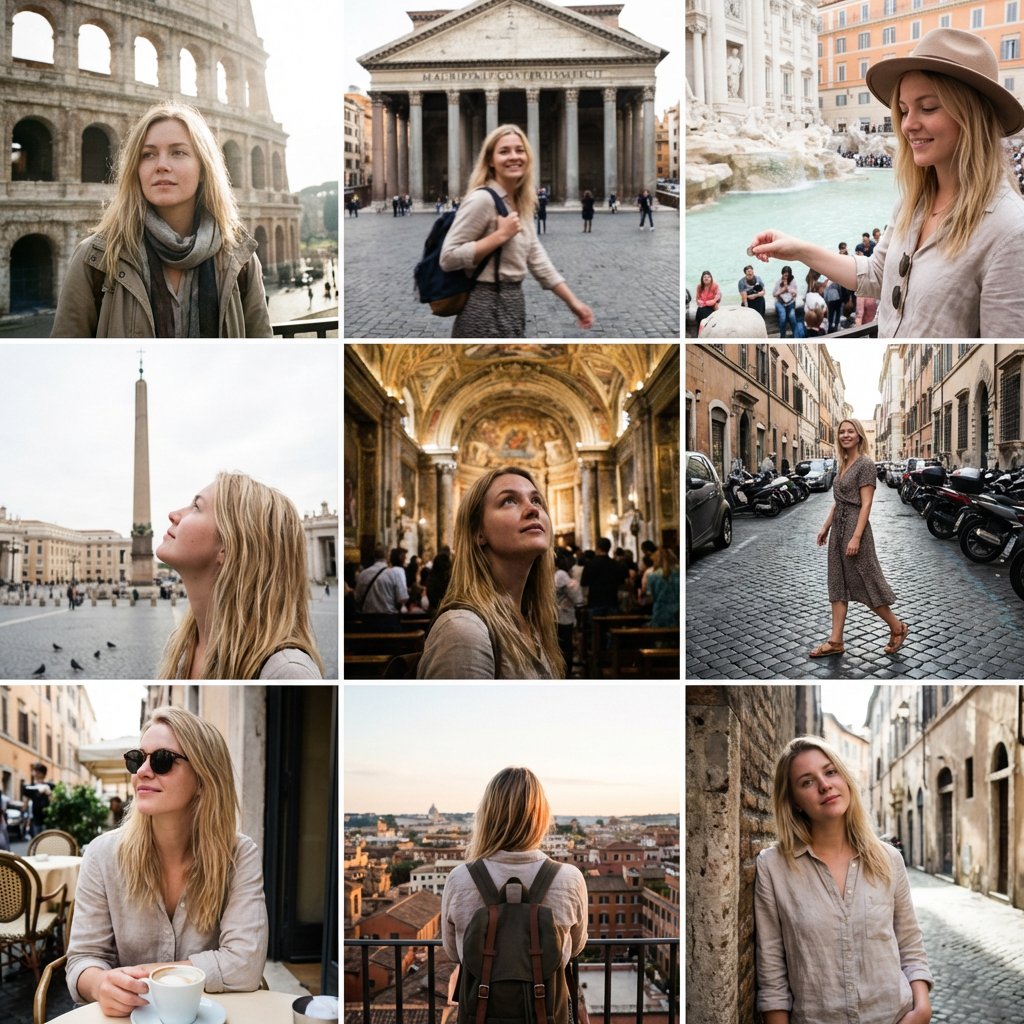 {
  "Objective": "Create a 3x3 Instagram-style grid of low-quality smartphone photos featuring the same extremely beauti