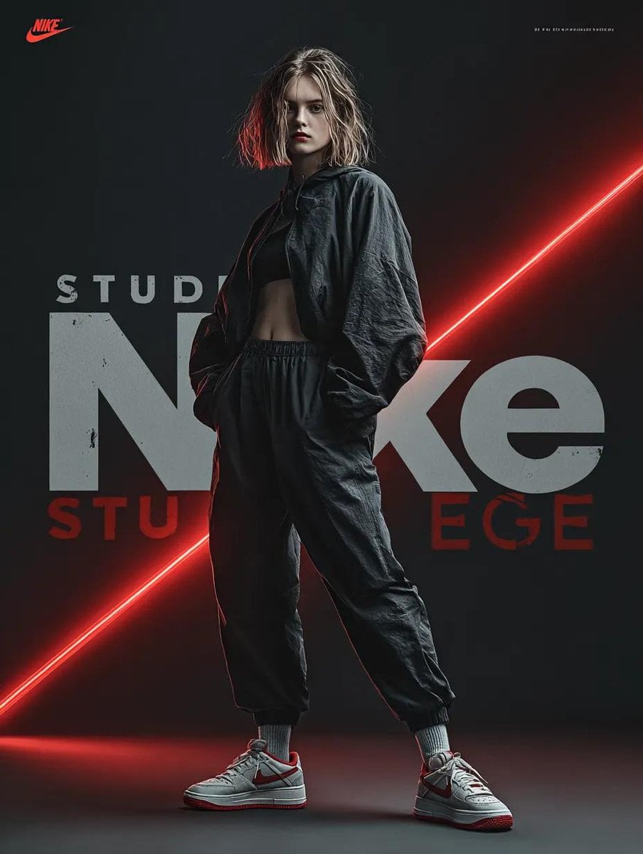 A dynamic fashion advertisement for Nike showing a hyper-realistic model mid-twist jump, light trails following her limb