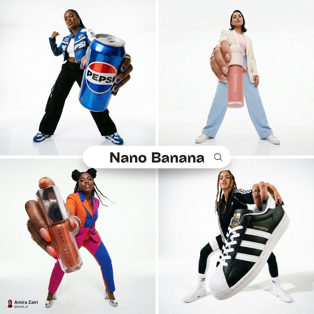 Low-angle fashion campaign photograph of a confident model holding a large [product name] very close to the camera, exag
