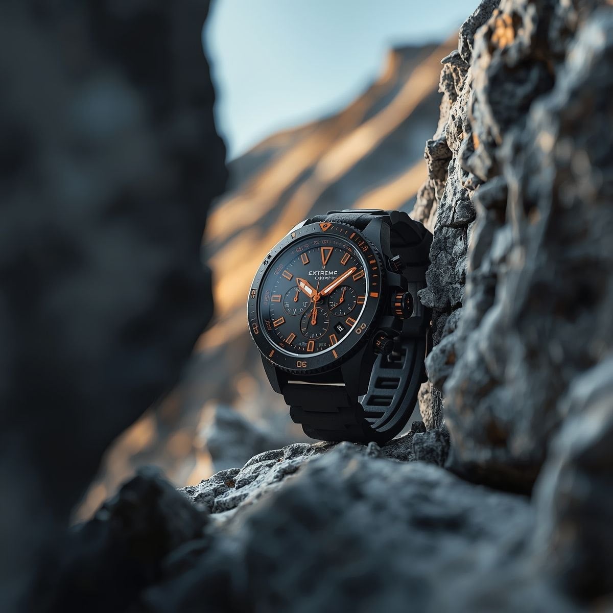 A rugged, matte-black chronograph watch with bold orange accents is tightly framed between two textured rock formations,
