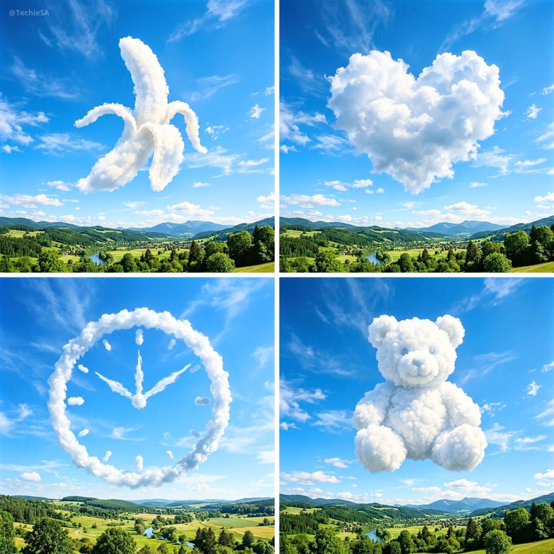Create an ultra-realistic sky scene where soft, natural cloud formations organically assemble into the clear silhouette 