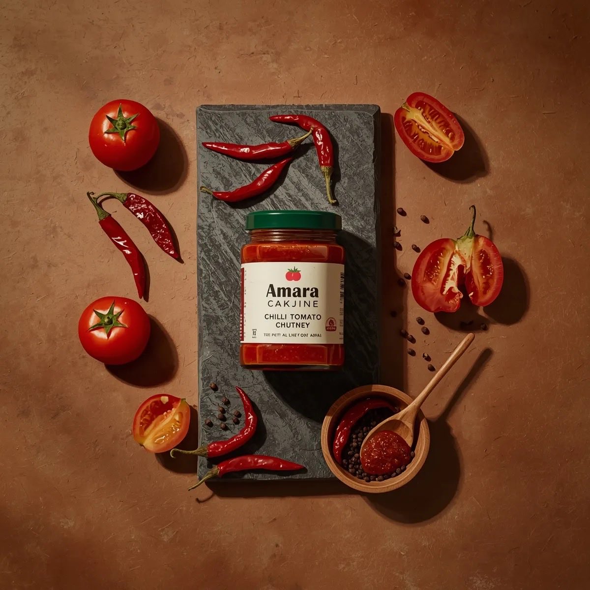 Top-down premium food photography of a glass jar of chili tomato chutney placed on a dark stone slab, surrounded by fres