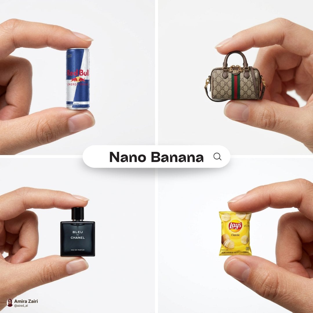 A high-resolution advertising photograph of a realistic, miniature product in the attached image, held delicately betwee