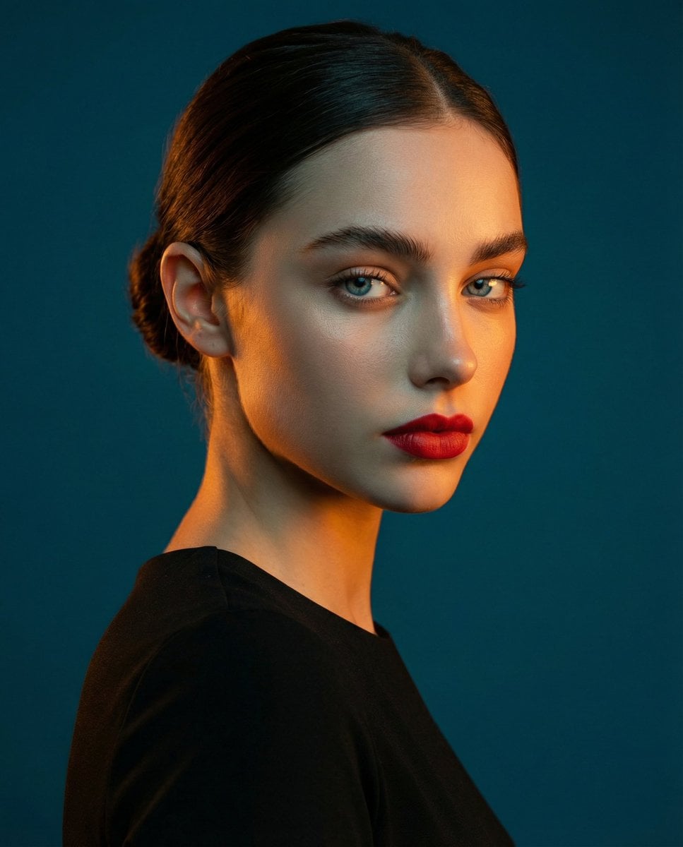 A studio portrait, medium shot of a 
woman. High-contrast lighting: warm orange-golden light on her face and shoulder, c