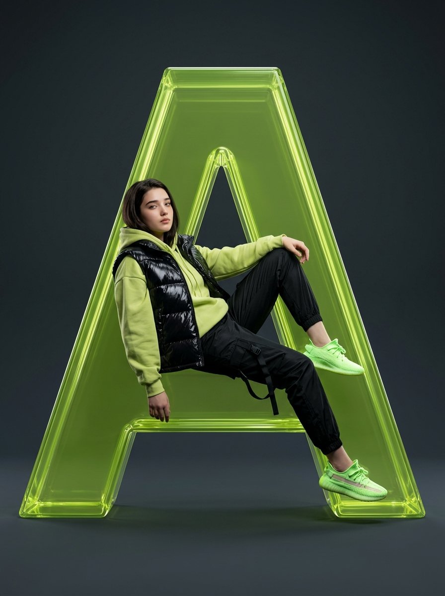 Full-body studio fashion portrait of a female subject with uploaded face as reference, lounging gracefully inside the ho