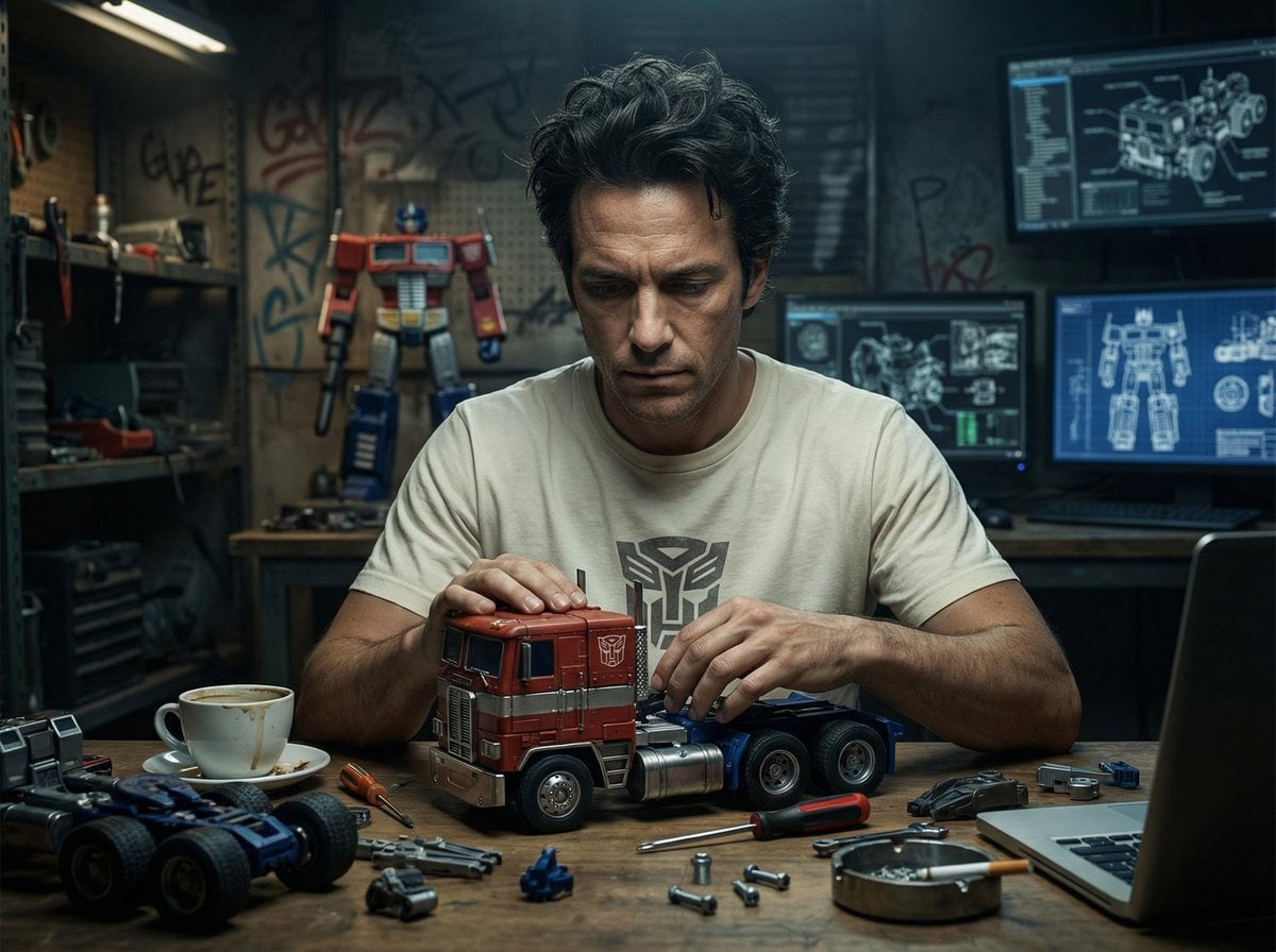 {
  "title": "[Title: Optimus Prime Toy Assembly Workshop]",
  "style": "Hyper-realistic cinematic portrait",
  "composi